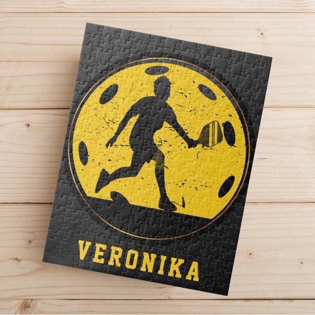 Girl Woman Pickleball Player Racketball Name Black Jigsaw Puzzle (Creator Uploaded)