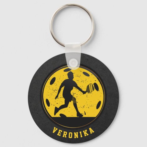 Girl Woman Pickleball Player Racketball Name Black Keychain