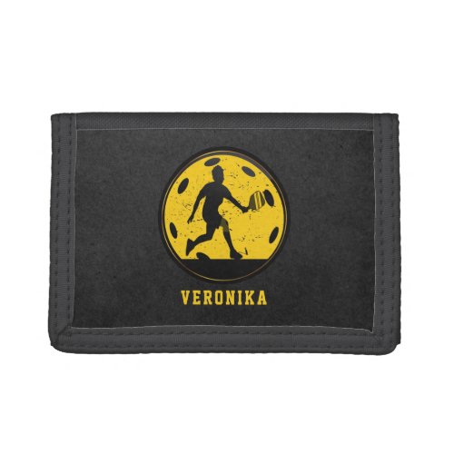 Girl Woman Pickleball Player Racketball Name Black Trifold Wallet