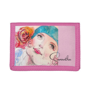 Girl Woman Pink Watercolor Aqua Beret Rose Phone Tri-fold Wallet