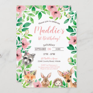 Girl Woodland 1st Birthday Invitation Animals