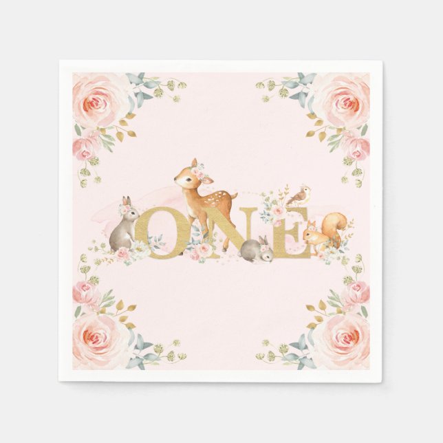Girl Woodland 1st Birthday Pink Gold Floral Napkins (Front)