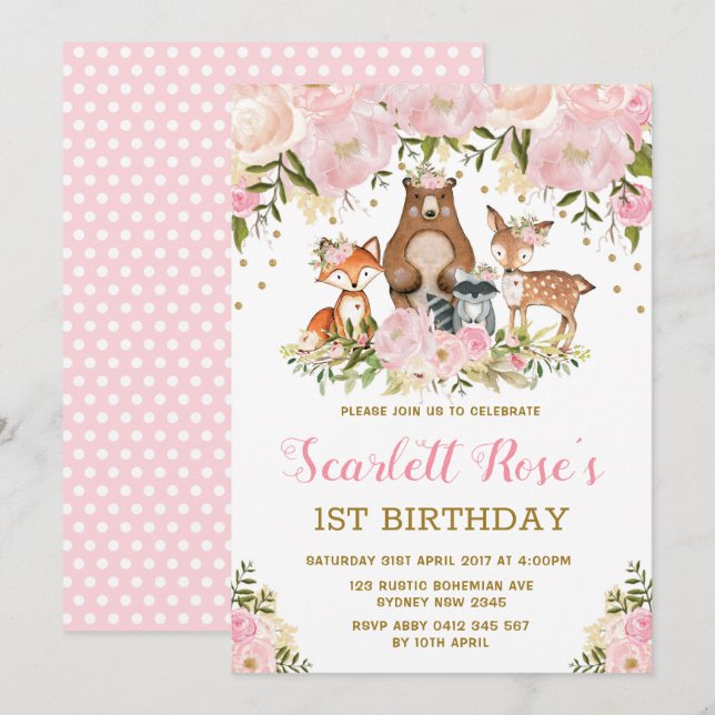 Girl Woodland 1st Birthday Pink Gold Floral Party Invitation (Front/Back)