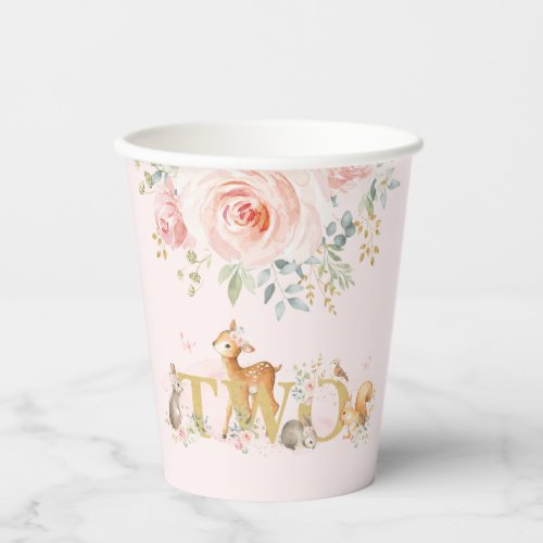 Girl Woodland 2nd Birthday Pink Gold Floral Party Paper Cups