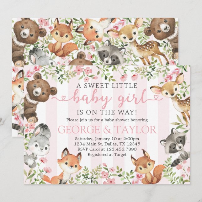 Girl Woodland Animal Baby Shower Invitation Invite (Front/Back)