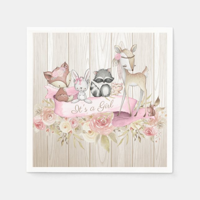 Girl Woodland Animal Baby Shower Napkins (Front)