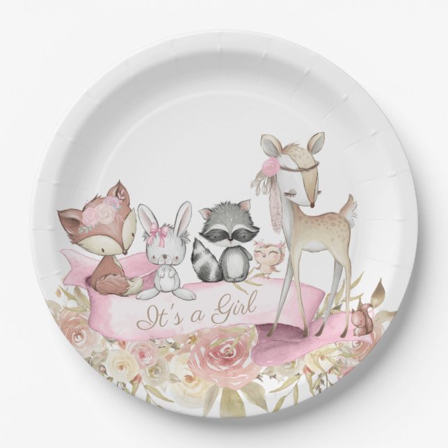 Girl Woodland Animal Baby Shower Paper Plates (Front)