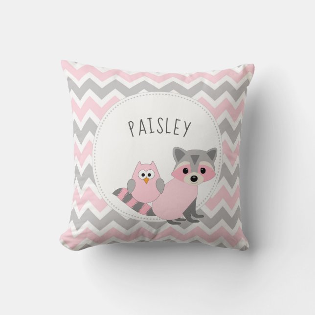 Girl Woodland animal bedroom decor + name Throw Pillow (Front)