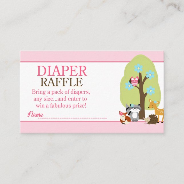 Girl Woodland Animals Baby Shower Diaper Raffle Enclosure Card (Front)