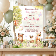 Girl Woodland Animals Baby Shower Invitation