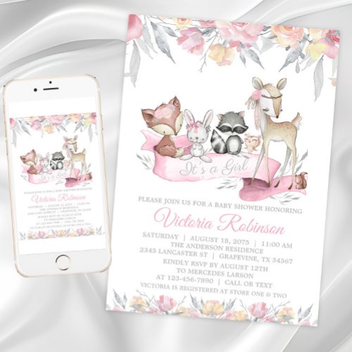 Girl Woodland Animals Baby Shower Invitation