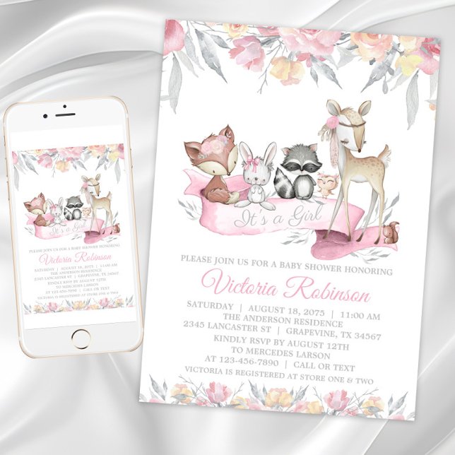 Girl Woodland Animals Baby Shower Invitation (Girl sweet woodland baby shower invitations. Instant download and printed invitations available.)