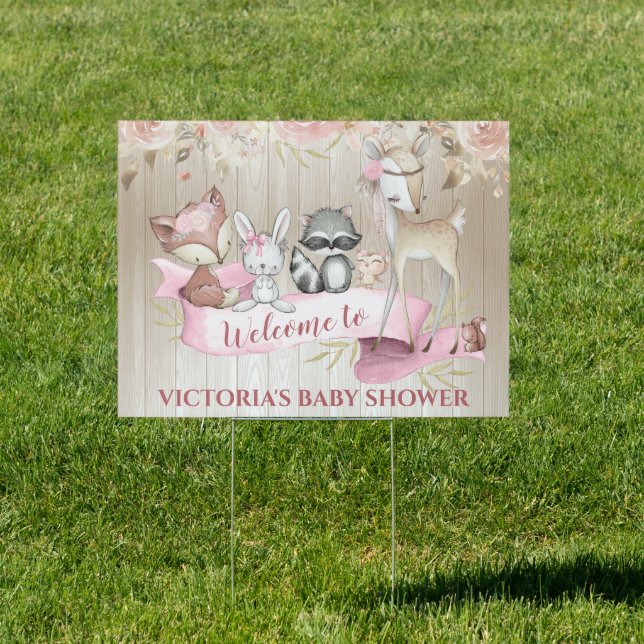 Girl Woodland Animals Baby Shower Yard Sign (Insitu)
