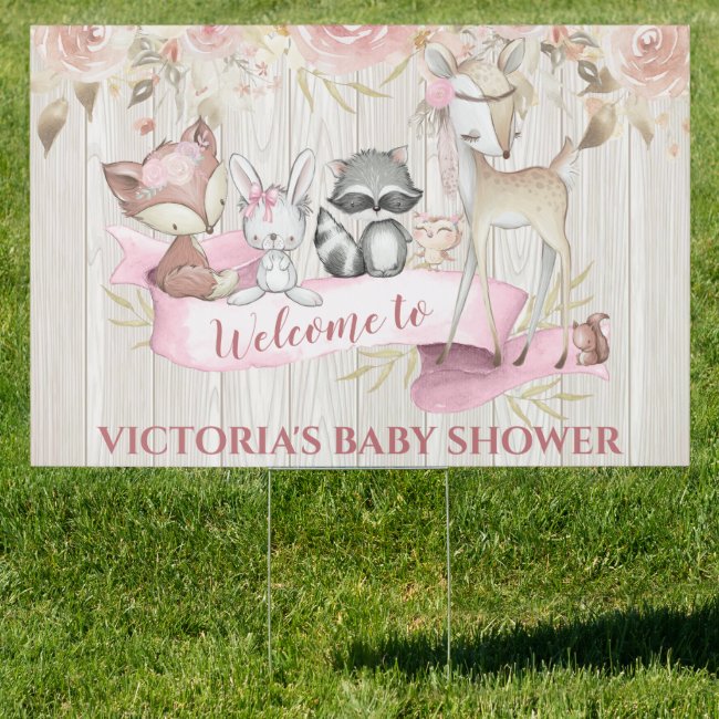 Girl Woodland Animals Baby Shower Yard Sign