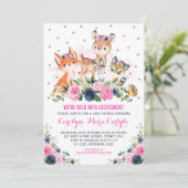Girl Woodland Animals Navy Pink Floral Baby Shower Invitation (Standing Front)