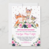 Girl Woodland Animals Navy Pink Floral Baby Shower Invitation (Front)
