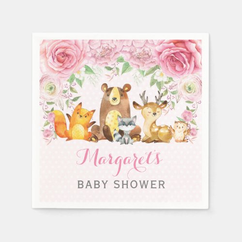 Girl Woodland Animals Pink Floral Baby Shower Napkins