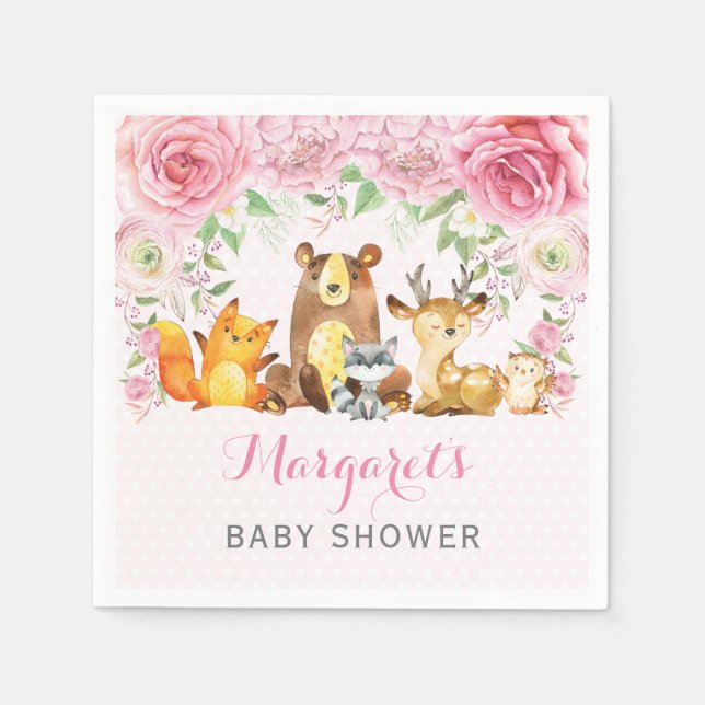 Girl Woodland Animals Pink Floral Baby Shower Napkins (Front)