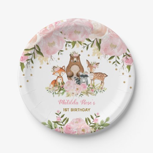 Girl Woodland Animals Pink Floral Forest Birthday Paper Plates