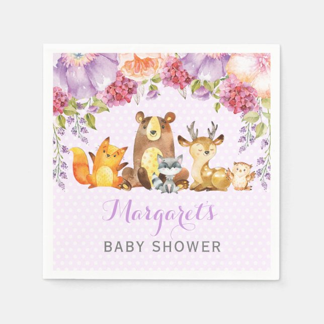 Girl Woodland Animals Purple Floral Baby Shower Napkins (Front)