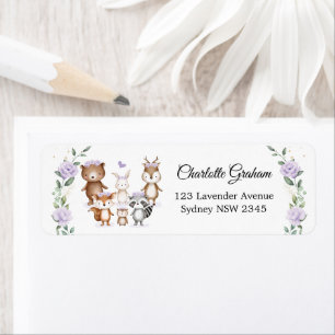 Girl Woodland Animals Purple Flower Return Address Label