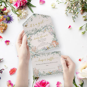 Girl Woodland Animals Watercolor Boho Baby Shower All In One Invitation