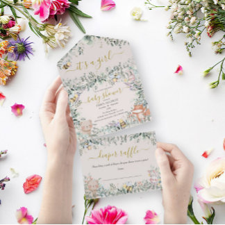 Girl Woodland Animals Watercolor Boho Baby Shower All In One Invitation