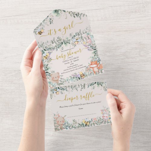 Girl Woodland Animals Watercolor Boho Baby Shower All In One Invitation