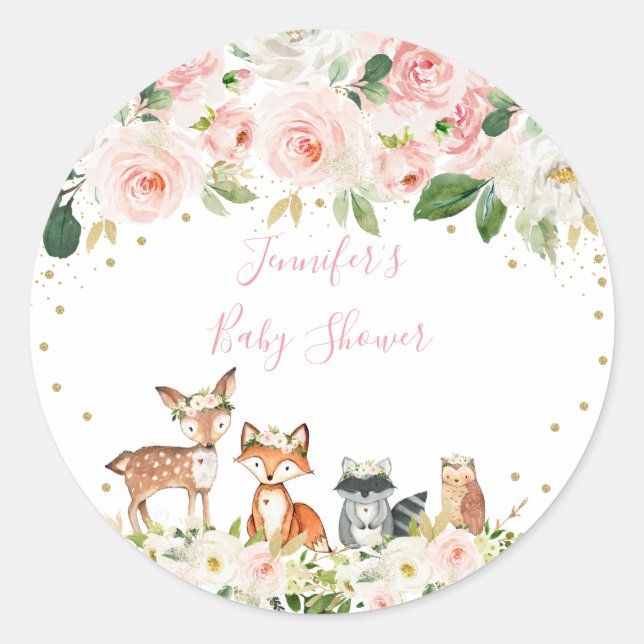 Girl Woodland Baby Shower Blush Floral Classic Round Sticker (Front)