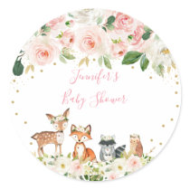 Girl Woodland Baby Shower Blush Floral Classic Round Sticker