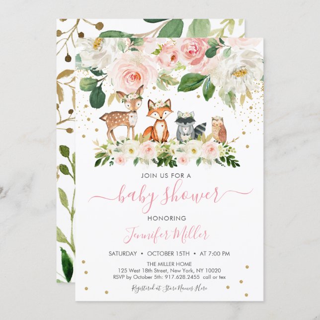 Girl Woodland Baby Shower Blush Floral Invitation (Front/Back)