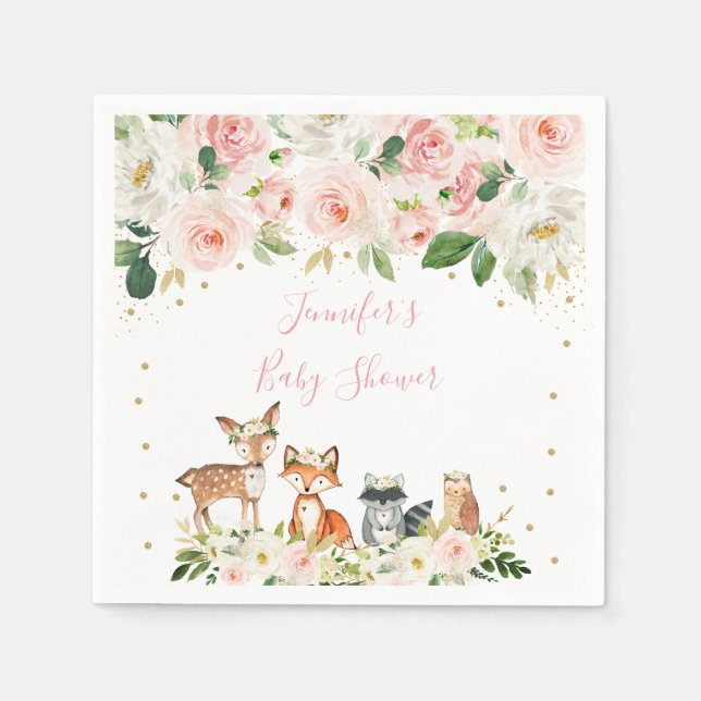 Girl Woodland Baby Shower Blush Floral Napkins (Front)