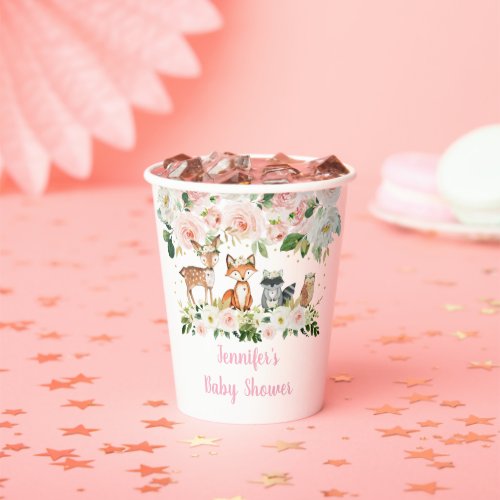 Girl Woodland Baby Shower Blush Floral Paper Cups