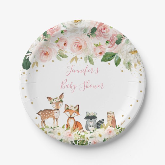 Girl Woodland Baby Shower Blush Floral Paper Plates (Front)