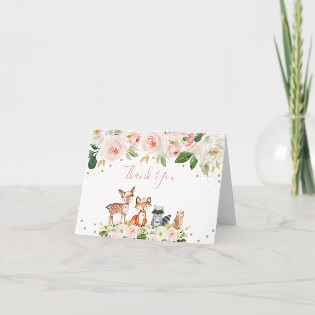 Girl Woodland Baby Shower Blush Floral Thank You Card (Front)