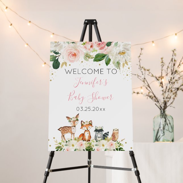 Girl Woodland Baby Shower Blush Floral Welcome Foam Board (In Situ (Stand))