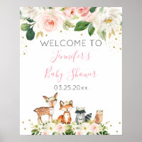 Girl Woodland Baby Shower Blush Floral Welcome Poster
