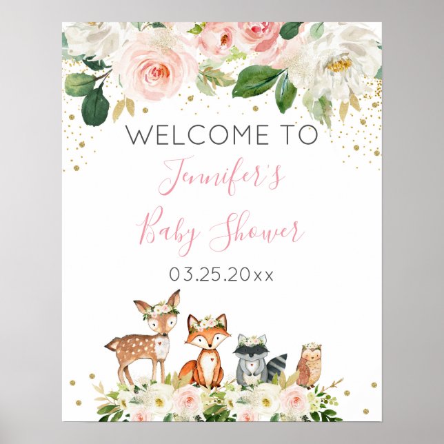 Girl Woodland Baby Shower Blush Floral Welcome Poster (Front)