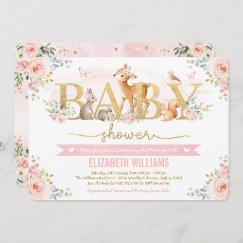 Girl Woodland Baby Shower Blush Pink Floral Forest Invitation