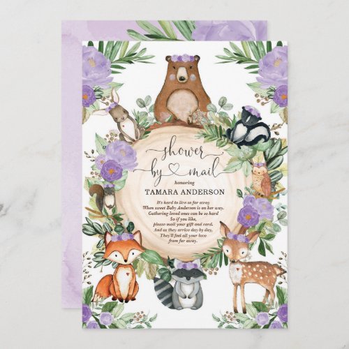 Girl Woodland Baby Shower By Mail Purple Floral Invitation
