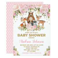 Girl Woodland Baby Shower Forest Animals Pink Gold Invitation