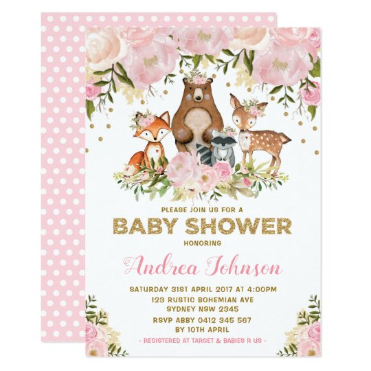 Girl Woodland Baby Shower Forest Animals Pink Gold Invitation Girl Woodland Baby Shower Forest Animals Pink Gold Invitation