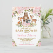 Girl Woodland Baby Shower Forest Animals Pink Gold Invitation (Standing Front)