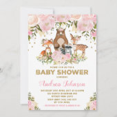 Girl Woodland Baby Shower Forest Animals Pink Gold Invitation (Front)