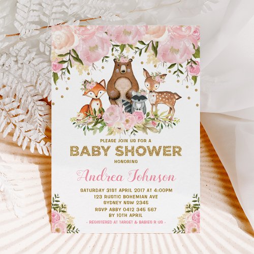 Girl Woodland Baby Shower Forest Animals Pink Gold Invitation