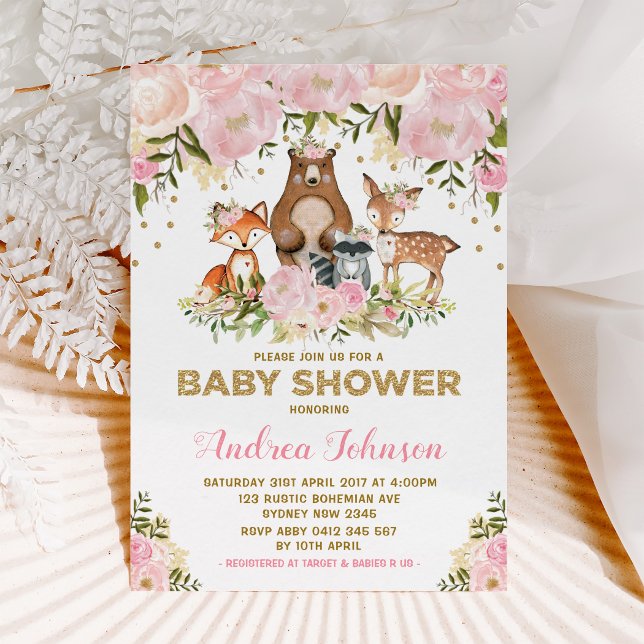 Girl Woodland Baby Shower Forest Animals Pink Gold Invitation