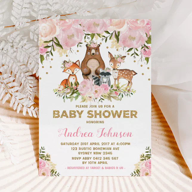 Girl Woodland Baby Shower Forest Animals Pink Gold Invitation | Zazzle