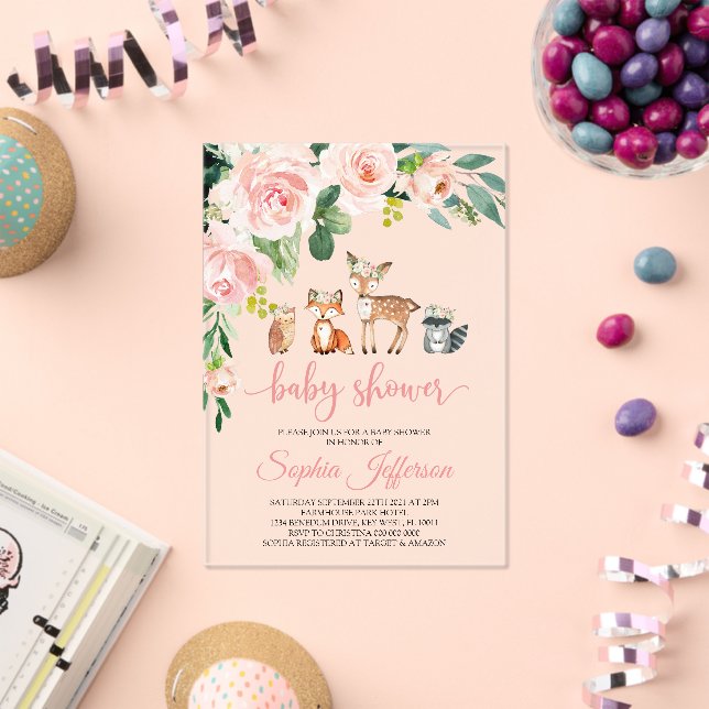 Girl Woodland Baby Shower Forest Animals Pink Rose Acrylic Invitations (Insitu (Celebration))