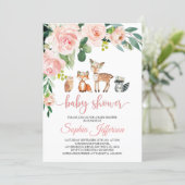 Girl Woodland Baby Shower Forest Animals Pink Rose Invitation (Standing Front)
