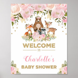 Girl Woodland Baby Shower Pink Floral Welcome Sign
